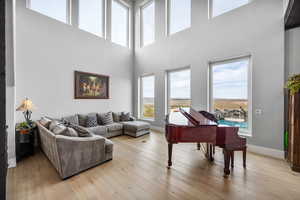 Living room featuring light hardwood / wood-style flooring, a towering ceiling, and a healthy amount of sunlight