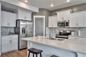 Spacious kitchen featuring stainless steel appliances, white cabinetry, walk-in panry, large island with bar