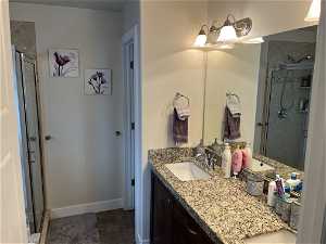 GRAND MASTER BATH FEATURE GRANITE COUNTERTOPS, DOBULBE SINS AND LARGE TUB AND SHOWER