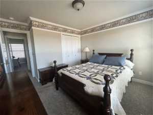 Carpeted bedroom featuring ornamental molding and a closet