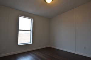 Unfurnished room with dark wood-style floors, a textured ceiling, and a wealth of natural light