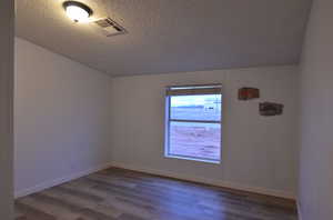 Unfurnished room with LVP and a textured ceiling