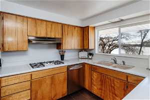 Kitchen featuring white gas cooktop, sink, and stainless steel dishwasher