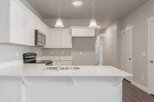 Kitchen featuring white cabinets, hanging light fixtures, stainless steel appliances, dark hardwood / wood-style flooring, and sink