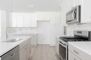 Kitchen with sink, tasteful backsplash, stainless steel appliances, and light hardwood / wood-style floors