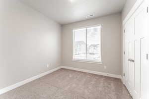 Unfurnished room with light carpet, a textured ceiling, and a healthy amount of sunlight