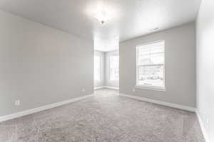 Spare room with a textured ceiling and carpet floors