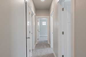 Hallway with light colored carpet