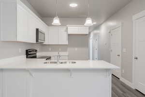 Kitchen with sink, appliances with stainless steel finishes, hardwood / wood-style flooring, hanging light fixtures, and white cabinets