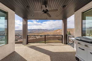 View of terrace featuring a mountain view and a balcony