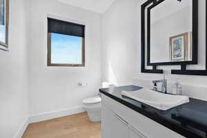 Bathroom with oversized vanity, hardwood / wood-style flooring, a wealth of natural light, and toilet