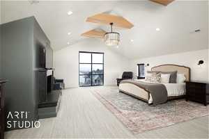 Primary bedroom featuring lofted ceiling with beams, light carpet, and a chandelier