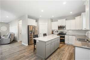 Kitchen with sink, white cabinets, backsplash, light hardwood / wood-style flooring, and stainless steel appliances