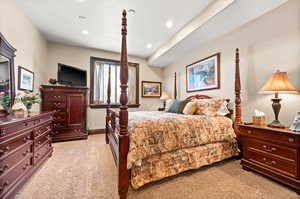 Bedroom with light colored carpet