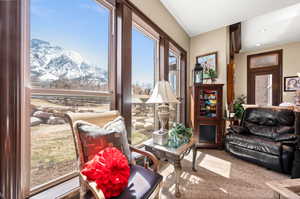 Interior space with a mountain view