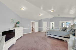 Carpeted bedroom with lofted ceiling