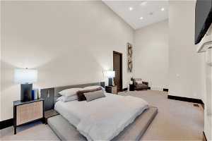 Carpeted bedroom with high vaulted ceiling