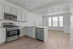 Kitchen featuring light wood-type flooring, stainless steel appliances, sink, and kitchen peninsula