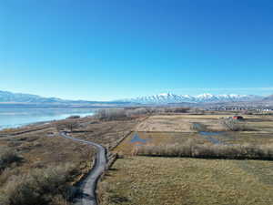 Aerial view with a water and mountain view