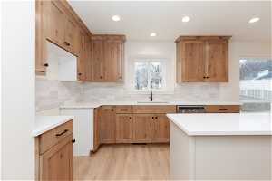 Kitchen featuring sink, tasteful backsplash, light wood-type flooring, and dishwasher