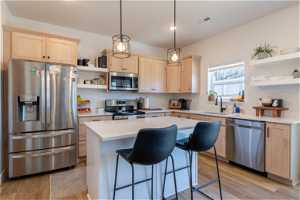 Kitchen with sink, light hardwood / wood-style floors, stainless steel appliances, a center island, and decorative light fixtures