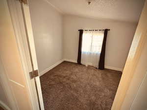 Spare room featuring dark carpet and a textured ceiling