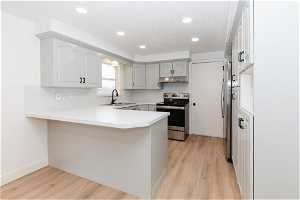 Kitchen with sink, light wood-type flooring, stainless steel electric range oven, and kitchen peninsula