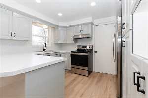 Kitchen with tasteful backsplash, stainless steel electric stove, light wood-type flooring, and sink
