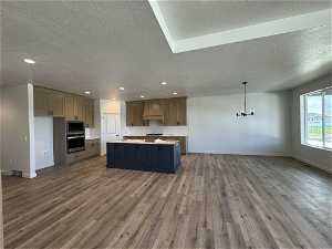 Kitchen with a center island, premium range hood, stainless steel appliances, and hardwood / wood-style flooring