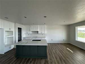 Kitchen featuring a center island, backsplash, white cabinetry, dark hardwood / wood-style floors, and premium range hood
