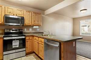 Kitchen with light carpet, kitchen peninsula, stainless steel appliances, and sink
