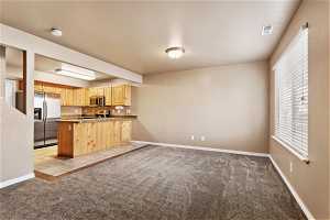 Kitchen with light colored carpet, light brown cabinetry, kitchen peninsula, and appliances with stainless steel finishes