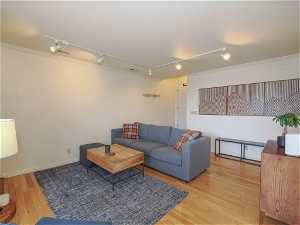 Living room featuring ornamental molding, track lighting, and light hardwood / wood-style flooring