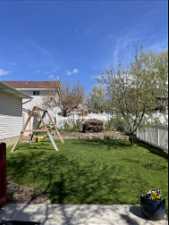 Backyard- garden, peach tree, swing set and shed pictured