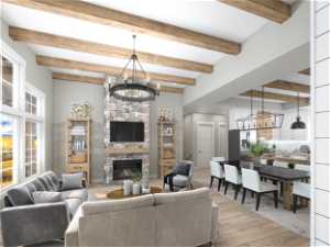 Living room with a notable chandelier, beamed ceiling, a stone fireplace, and light hardwood / wood-style flooring