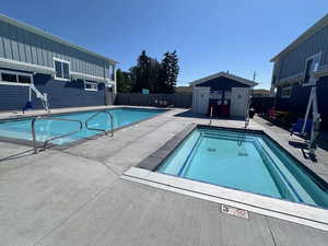 View of swimming pool with a patio