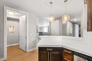 Kitchen with decorative light fixtures, stainless steel dishwasher, and dark brown cabinetry