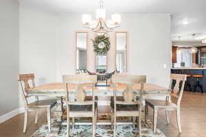 Dining room with beautiful chandelier