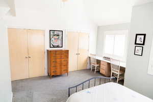 Carpeted bedroom with vaulted ceiling and a closet