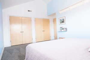 Carpeted bedroom featuring high vaulted ceiling and two closets