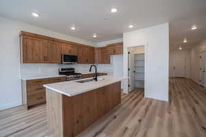 Kitchen featuring tasteful backsplash, stainless steel appliances, light wood-type flooring, a center island with sink, and sink