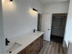 Bathroom featuring wood-type flooring and vanity
