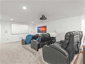Cinema room featuring carpet flooring and a textured ceiling
