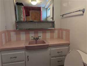 Bathroom featuring backsplash, toilet, and vanity with extensive cabinet space