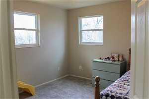 1st bedroom with carpet flooring and windows.