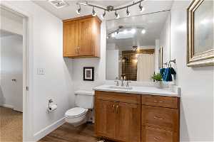 Bathroom with large vanity, toilet, track lighting, and wood-type flooring
