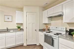 Kitchen featuring white cabinets, dark hardwood / wood-style flooring, sink, custom exhaust hood, and electric stove