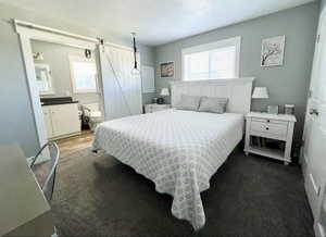 Bedroom featuring dark hardwood / wood-style floors, a barn door, connected bathroom, and multiple windows