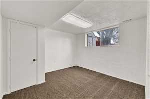 Basement with a textured ceiling and dark carpet