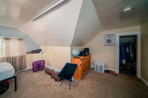 Carpeted bedroom featuring a closet and vaulted ceiling